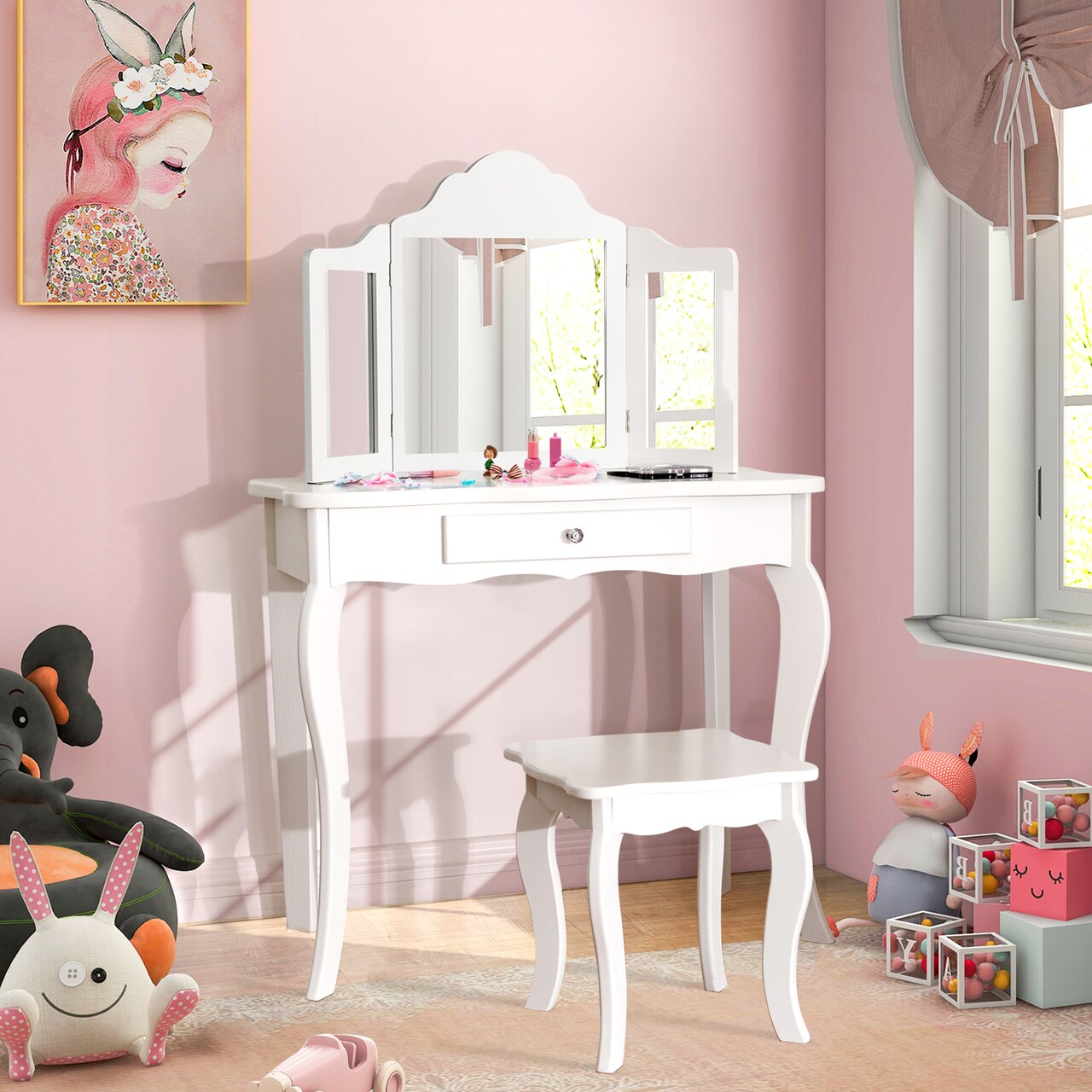 Costway Kid Vanity Table Set with Tri-folding Mirror 2-in-1 Makeup Dressing Table Stool Set